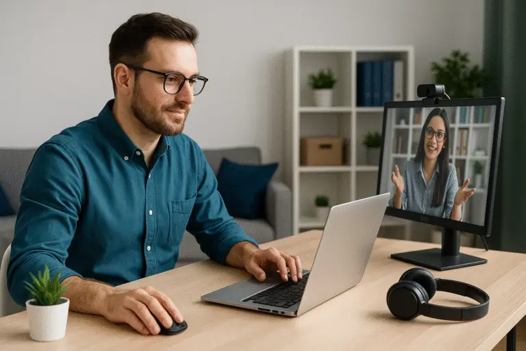 male worker with glasses on a video call